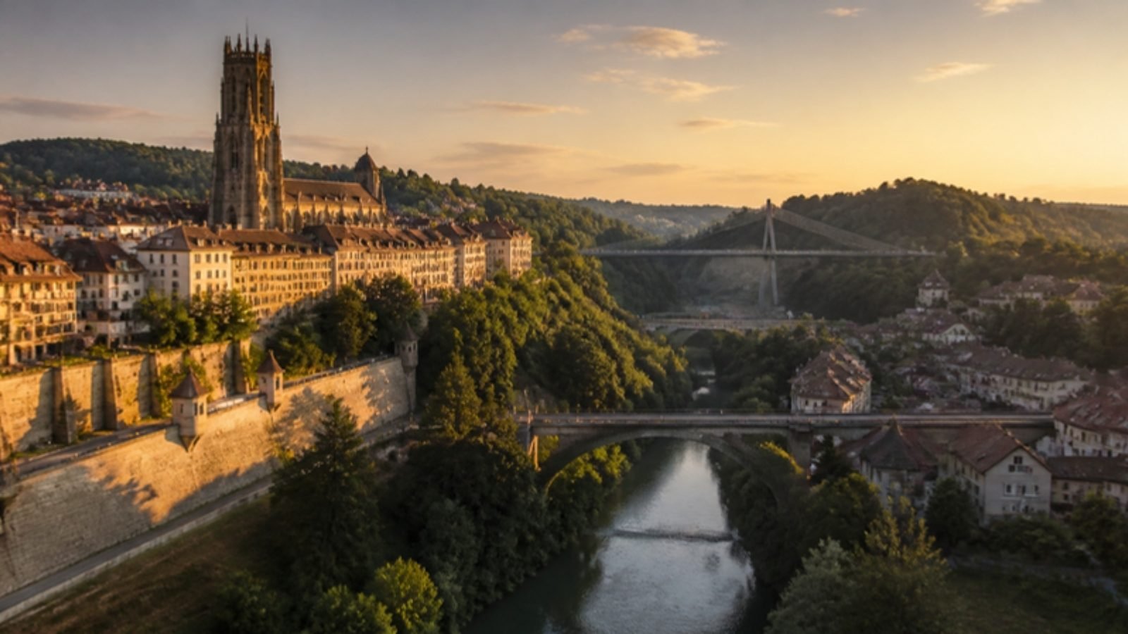 Fribourg, vieille ville et cathédrale Saint-Nicolas au-dessus de la Sarine