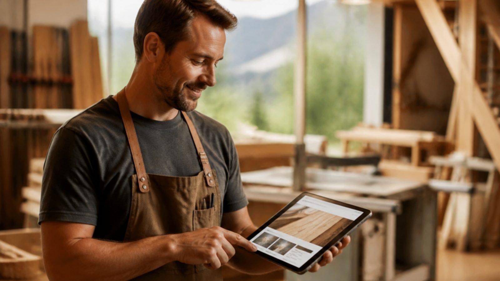 Handwerker betrachtet die Website seines Betriebs auf dem Tablet