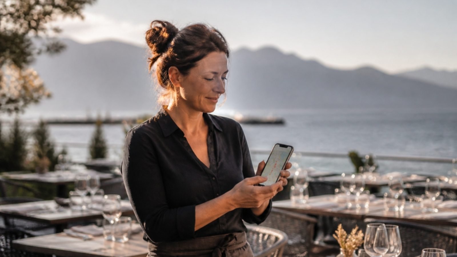 Gastronomin prüft lokale Suchergebnisse auf dem Handy