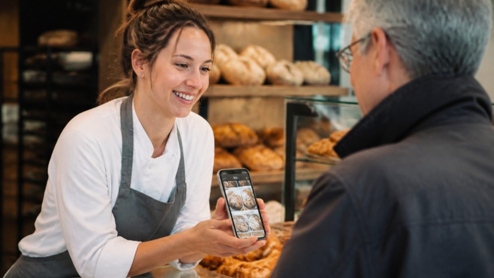 Commerçante montrant son site sur smartphone